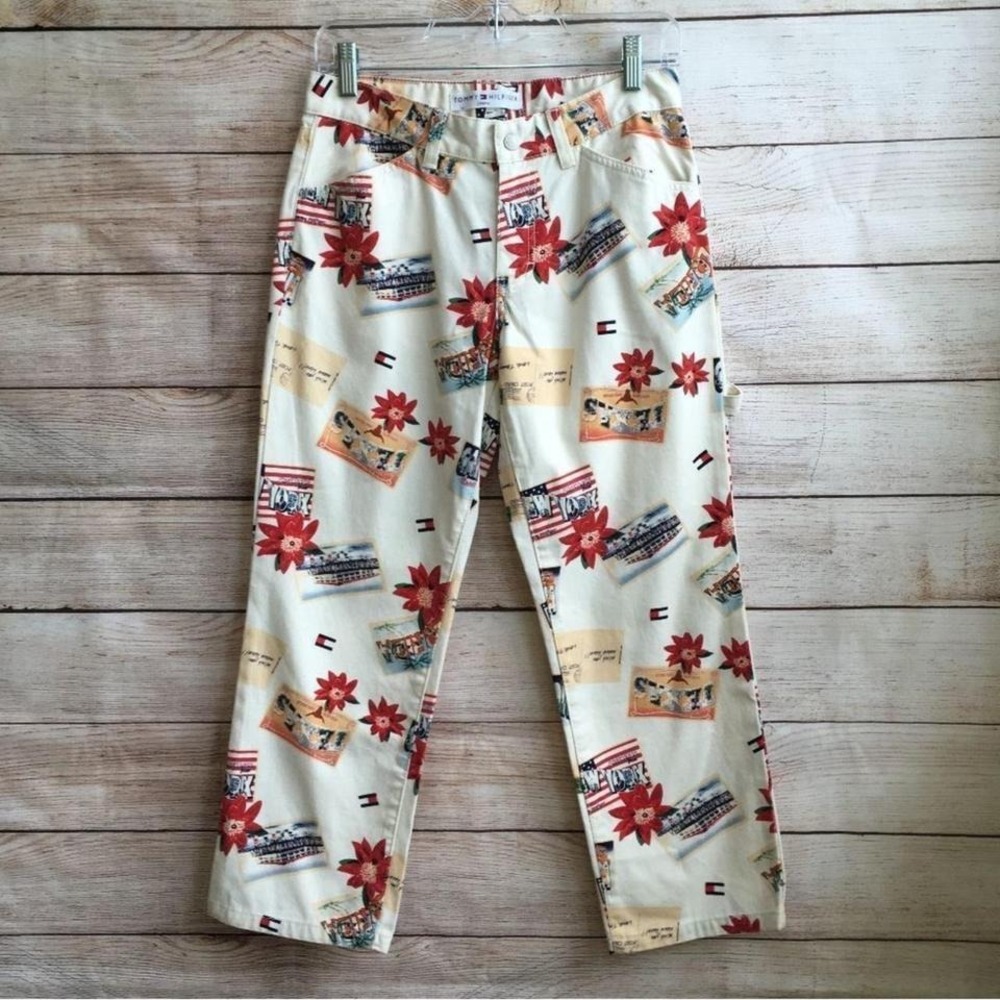 VINTAGE NEW WITH TAGS TOMMY HILFIGER SLIM PAINTER PANTS IN POSTCARD PRINT